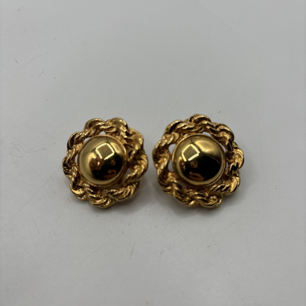 Signed Monet Gold Tone Twisted Rope Comfort Clip On Dome Earrings